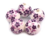 Porcelain beads, ball 12 mm, purple flowers, 1 pc.