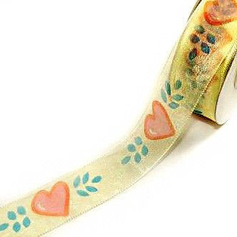 Organza ribbon yellow with hearts and leaves