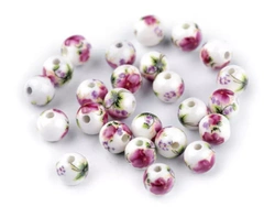 Porcelain beads, ball 12 mm, dark pink flowers, 1 pc.