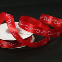 Red satin ribbon 1,5cm with printed pattern, white hearts