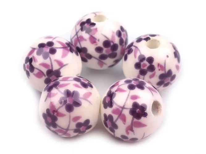 Porcelain beads, ball 12 mm, purple flowers, 1 pc.