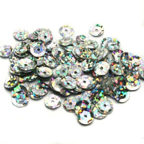 Sequins round 6mm, silver with glitter effect