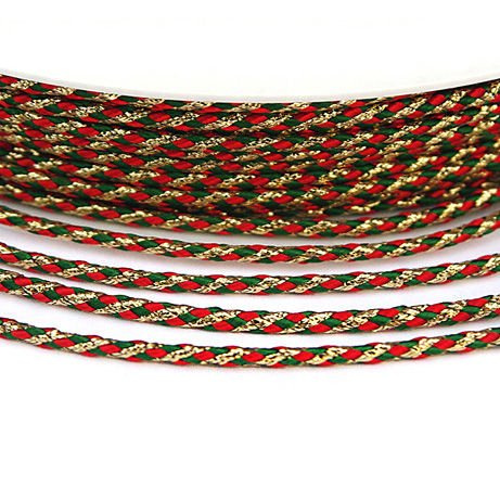 Ornamental braided cord 1,5 mm, red and green with gold