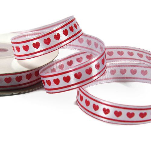 White satin ribbon 1,5cm with printed pattern, red hearts